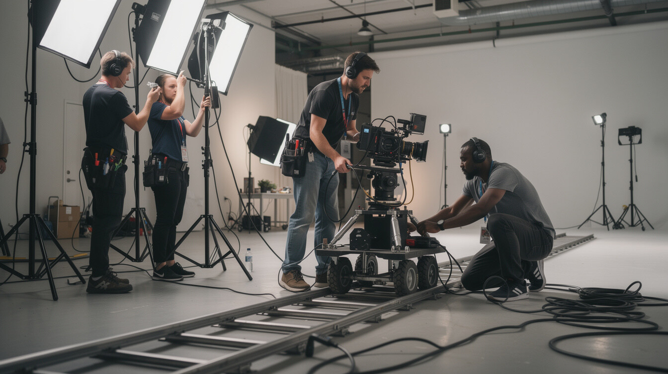 Film crew setting up lights and camera on a production set