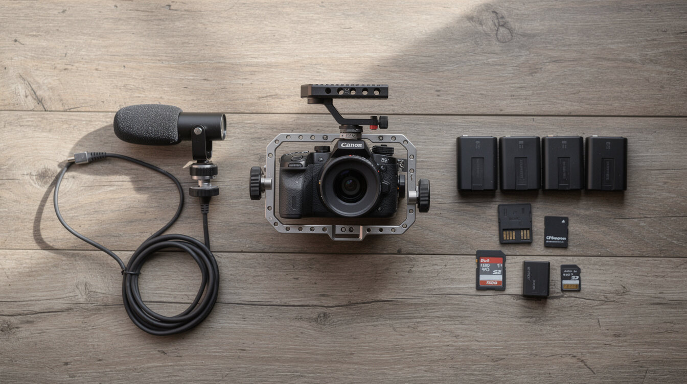 Mirrorless camera with rig and microphone on a table