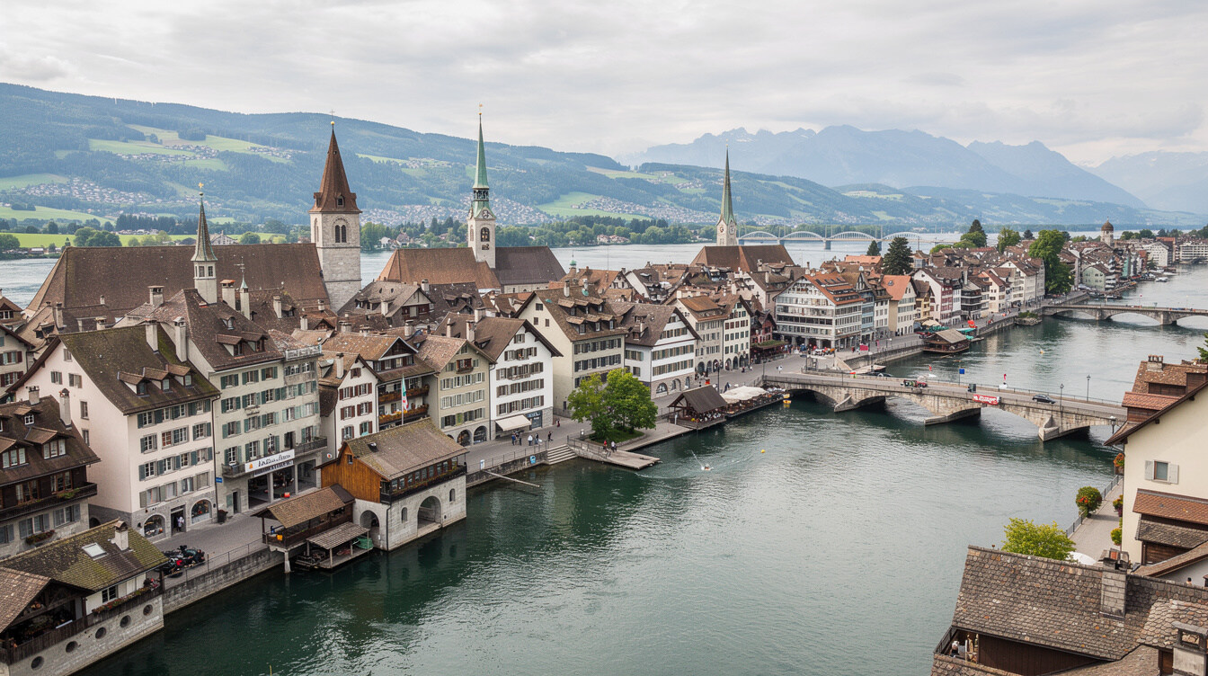 View over a Swiss city with river and old town rooftops