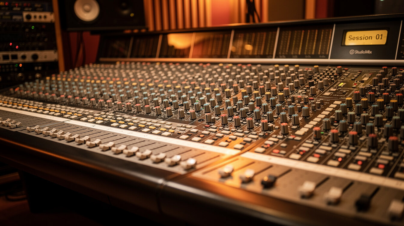Audio mixing console with faders in a sound studio