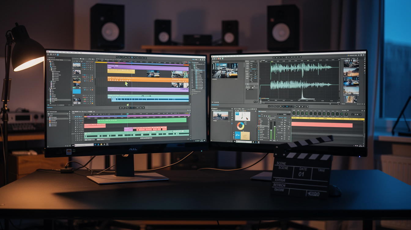 Editor working on a video timeline with multiple monitors in a dark edit suite
