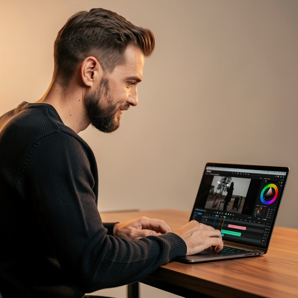 Studio portrait of a man with a beard reviewing footage on a laptop